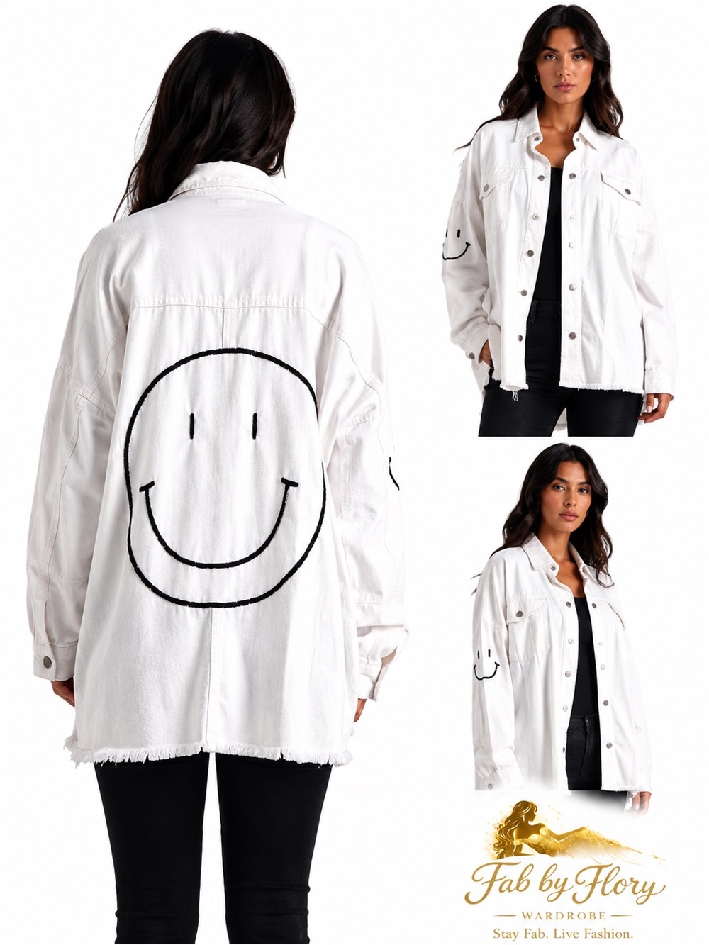 ELAN Dolly Smiley Face OVERSIZED Utility Shacket White 100% Cotton